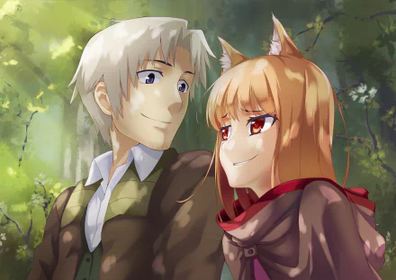 HD anime wallpaper featuring Kraft Lawrence and Holo from Spice and Wolf, set in a serene forest background.