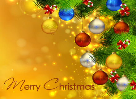 Colorful Christmas ornaments and sparkles decorate green pine branches against a golden background with Merry Christmas text in this HD holiday desktop wallpaper.