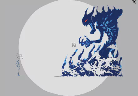 8K Ultra HD anime original artwork depicting a lone figure facing a large, shadowy, monstrous creature against a minimalist background, evoking solitude and tension.