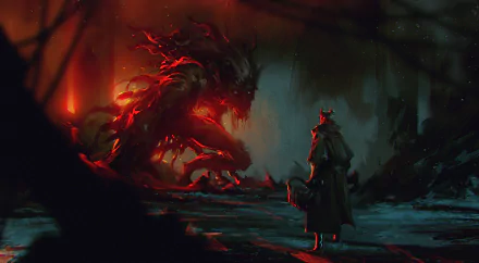 A dark, menacing creature confronts a lone character in this HD desktop wallpaper inspired by the video game Bloodborne. The eerie scene is bathed in shadow and fiery red hues.