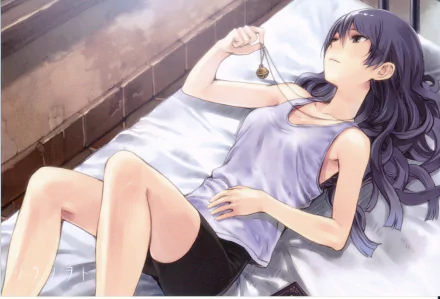 HD PC desktop wallpaper featuring an anime character from Sora no Woto, lying on a bed with long dark hair and a contemplative expression.