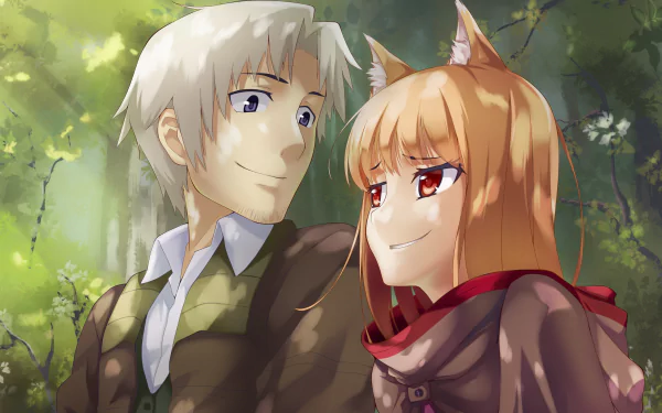 HD anime wallpaper featuring Kraft Lawrence and Holo from Spice and Wolf, set in a serene forest background.