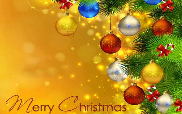 Colorful Christmas ornaments and sparkles decorate green pine branches against a golden background with Merry Christmas text in this HD holiday desktop wallpaper.