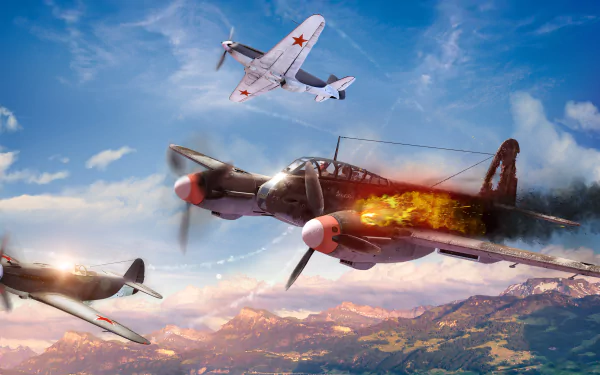2K Quad HD PC wallpaper: War Thunder aerial dogfight — burning Messerschmitt Me 410 pursued by Yakovlev Yak-3 fighters over sunlit mountains.
