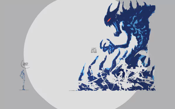 8K Ultra HD anime original artwork depicting a lone figure facing a large, shadowy, monstrous creature against a minimalist background, evoking solitude and tension.