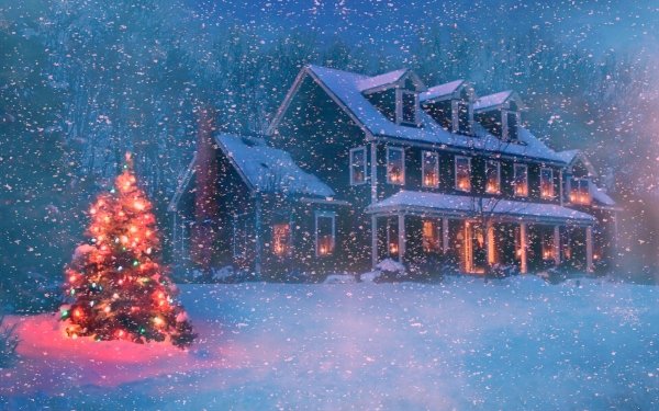 Holiday Christmas Christmas Tree Snowfall Snow House Light HD Wallpaper | Background Image