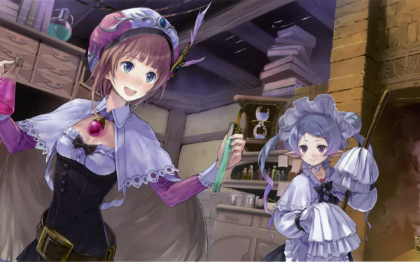 2K Quad HD PC desktop wallpaper of Atelier Totori: Totori and a friend in a cozy alchemy workshop, anime-style characters amid books, potions and wooden shelves.