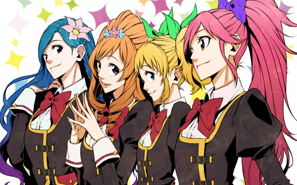 Four Aikatsu! anime girls in matching dark uniforms with red bows, colorful hair and bright expressions — 2K Quad HD PC desktop wallpaper/background.