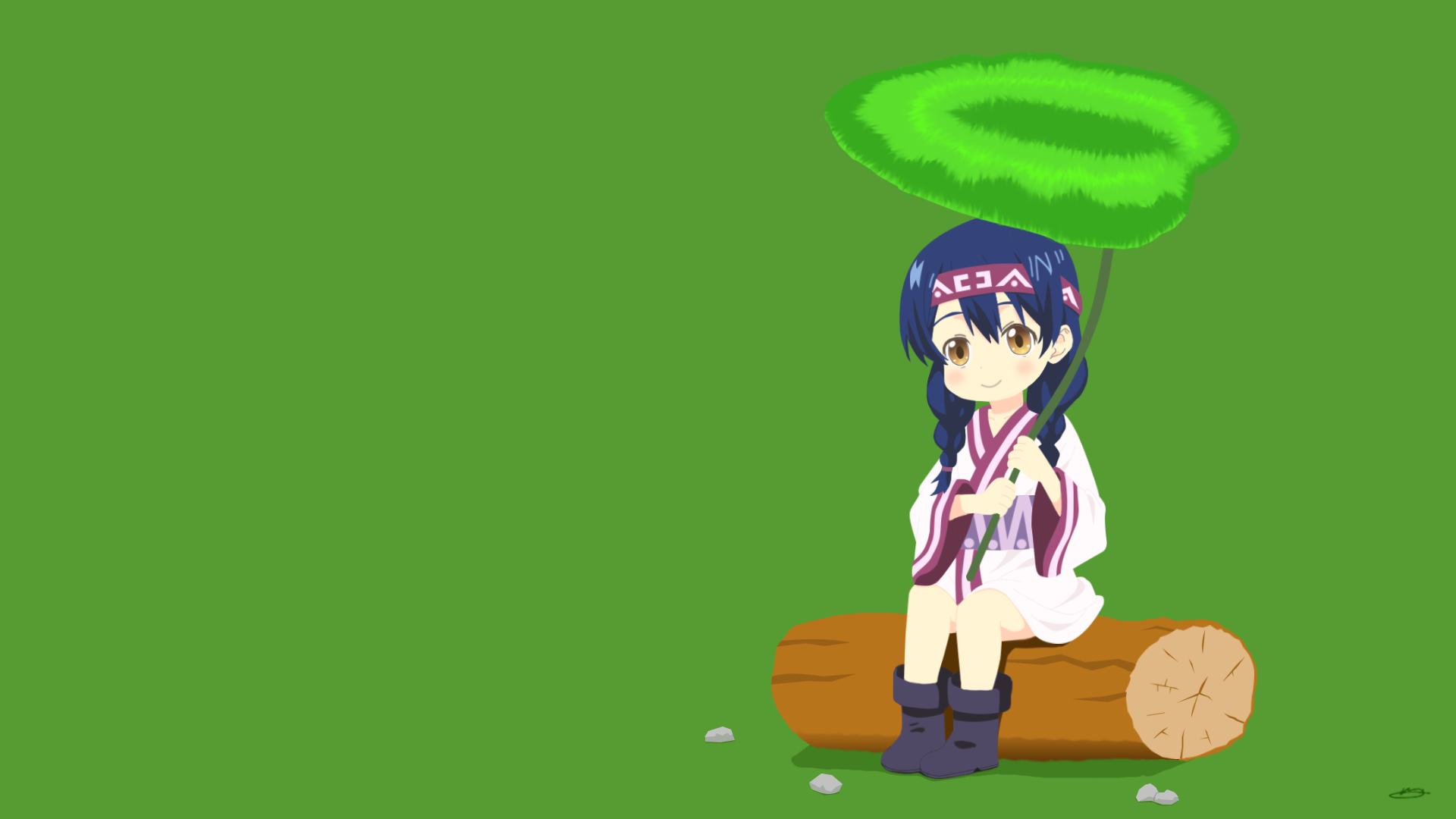 HD PC desktop wallpaper featuring Megumi Kobayashi from the anime Food Wars: Shokugeki no Soma, sitting on a log with a green aura above her head against a green background.