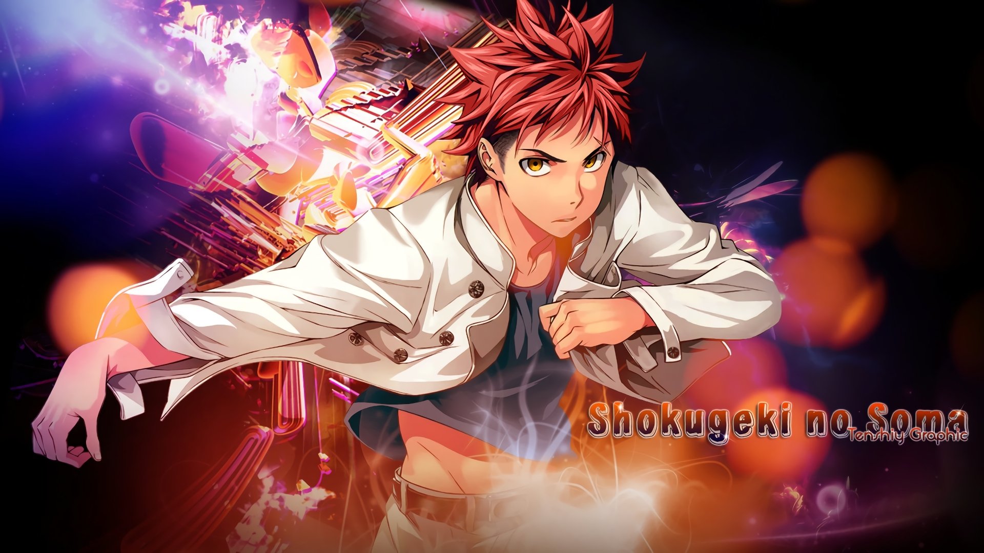 HD PC desktop wallpaper of Sōma Yukihira from the anime Food Wars: Shokugeki no Soma, striking a chef pose amid fiery, colorful cooking effects and dramatic lighting.