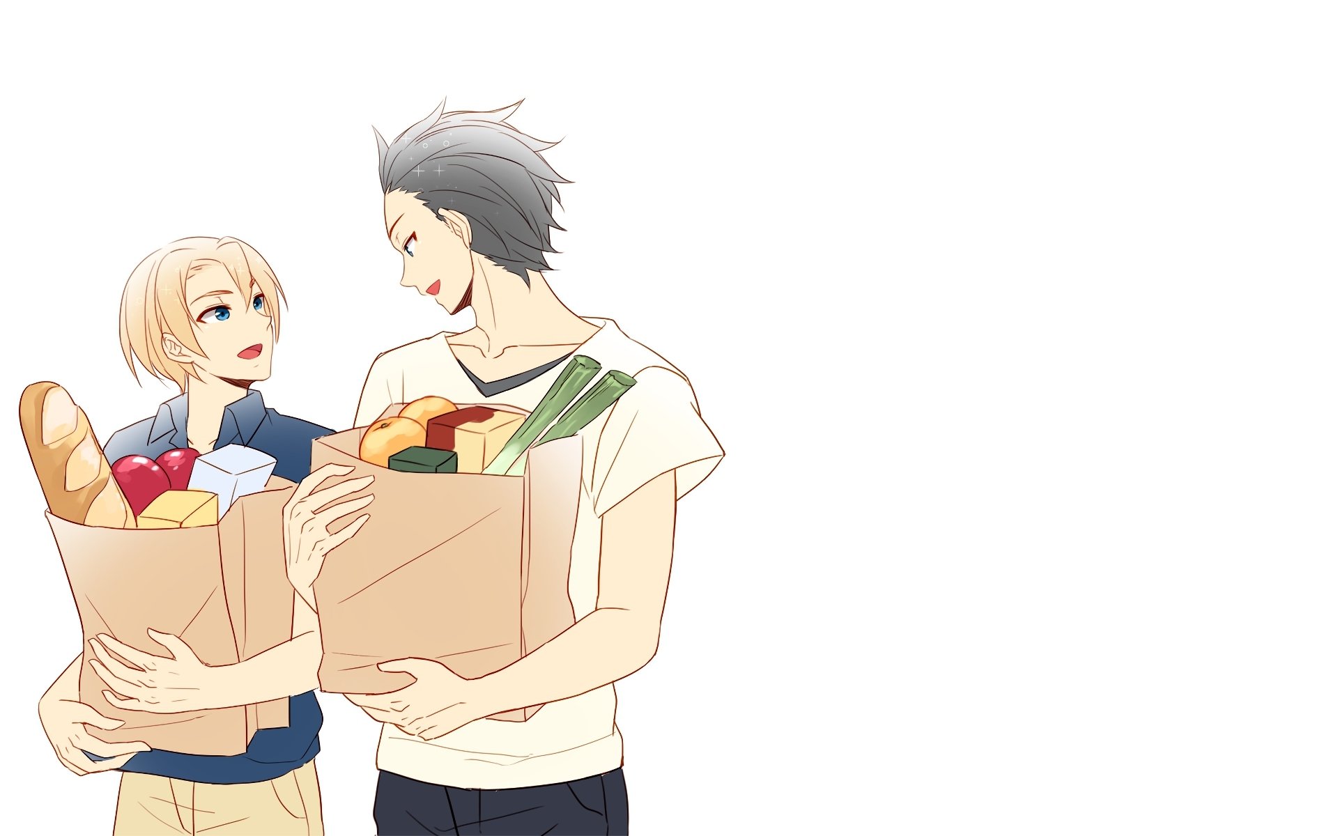 HD PC desktop wallpaper from Food Wars: Shokugeki no Soma featuring brothers Isami and Takumi Aldini smiling with grocery bags on a white background, anime art.