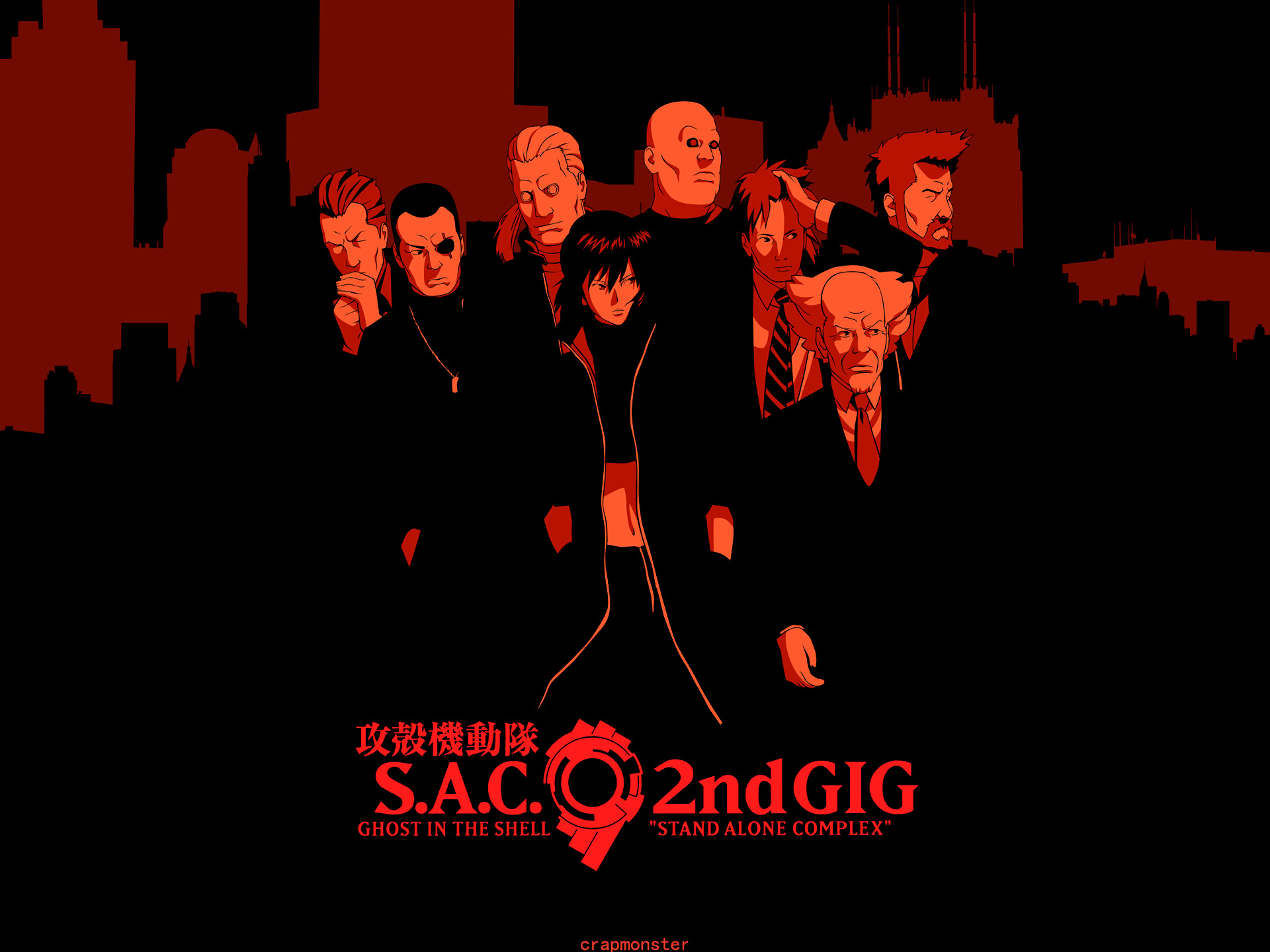 HD anime desktop wallpaper featuring characters from Ghost in the Shell: S.A.C. 2nd GIG against a dark red urban skyline background.