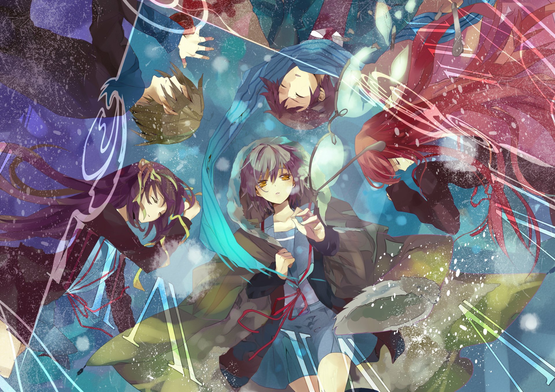 HD anime desktop wallpaper featuring characters from The Melancholy of Haruhi Suzumiya in a vibrant, dynamic composition with swirling abstract elements.