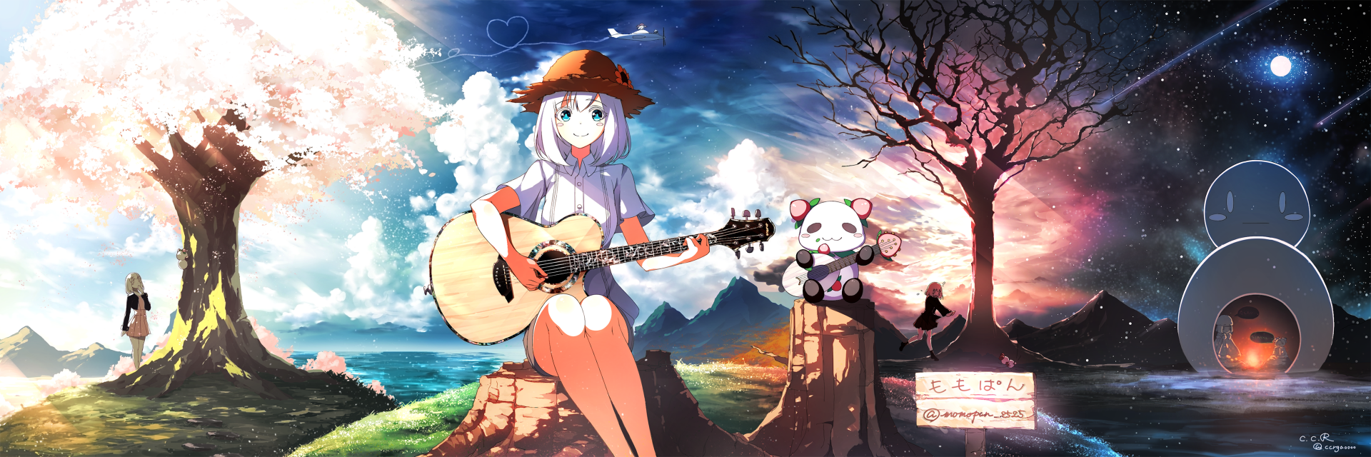 Anime original HD PC desktop wallpaper featuring a white-haired girl playing guitar by the ocean at sunset, with a panda plush and a barren tree against a vibrant sky.