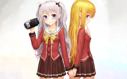 HD wallpaper of Nao Tomori and Yusa Nishimori from the anime Charlotte. Both characters wear school uniforms, with Nao holding a camera, showcasing long hair, blue eyes, twintails, and a blush.