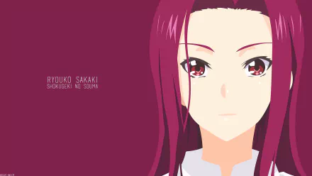 Close-up HD PC wallpaper of Ryoko Sakaki from Food Wars: Shokugeki no Soma — calm expression, long magenta hair against a solid maroon background.