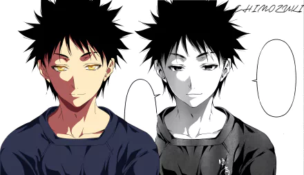 HD PC desktop wallpaper from Food Wars: Shokugeki no Soma — dual portrait of a spiky‑haired anime boy, one colored and one grayscale, with a neutral, serious expression.