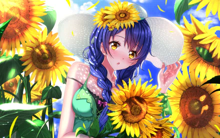 Anime character Megumi Tadokoro from Shokugeki No Soma stands among vibrant sunflowers wearing a white hat. This HD wallpaper for Food Wars: Shokugeki no Soma showcases a bright and lively background.