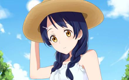 HD anime desktop wallpaper featuring Megumi Tadokoro from Food Wars: Shokugeki no Soma wearing a straw hat against a bright blue sky background.