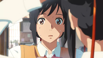 HD desktop wallpaper featuring Mitsuha Miyamizu from the anime Your Name. She appears surprised as she looks at her reflection in a mirror.