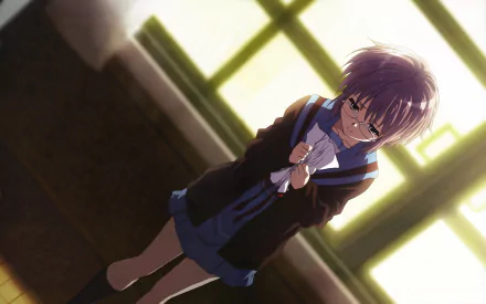 Yuki Nagato from The Melancholy of Haruhi Suzumiya stands in a softly lit room, featured in a 4K Ultra HD anime desktop wallpaper.