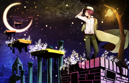 HD PC desktop wallpaper and background, Anime — Kino (Kino's Journey) stands on a brick ledge beneath a crescent moon, surrounded by glowing plants, stars and surreal floating platforms.