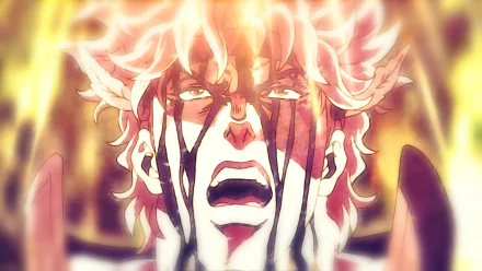 Caesar Zeppeli (JoJo's Bizarre Adventure) anime HD PC desktop wallpaper: close-up of him crying out, dark streaks across his face, hair and eyes blazing in fiery, dramatic backlight.