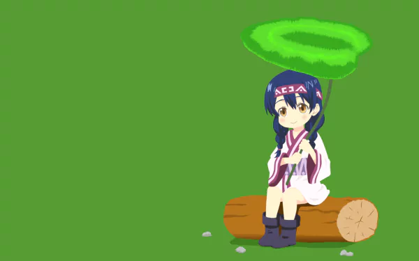 HD PC desktop wallpaper featuring Megumi Kobayashi from the anime Food Wars: Shokugeki no Soma, sitting on a log with a green aura above her head against a green background.