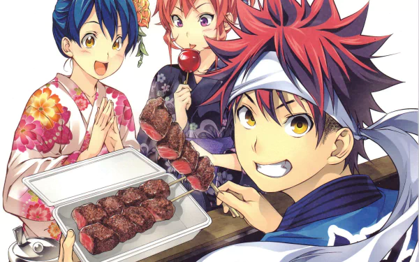 HD desktop wallpaper featuring Megumi Tadokoro, Sōma Yukihira, and Erina Nakiri from the anime Food Wars: Shokugeki no Soma, enjoying food together.