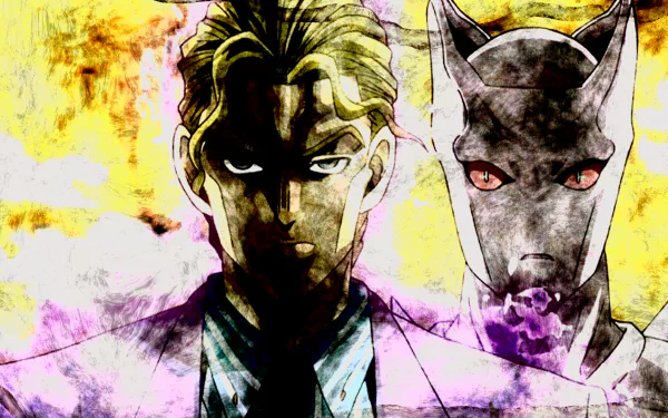 HD PC desktop wallpaper featuring Yoshikage Kira and his Stand Killer Queen from Jojo's Bizarre Adventure in a dramatic, colorful anime style.
