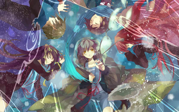 HD anime desktop wallpaper featuring characters from The Melancholy of Haruhi Suzumiya in a vibrant, dynamic composition with swirling abstract elements.