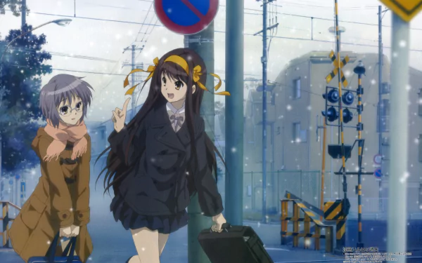 Yuki Nagato and Haruhi Suzumiya stroll a snowy urban street—Haruhi with yellow ribbons and suitcase, Yuki in a coat. Anime 5K Ultra HD PC desktop wallpaper from The Melancholy of Haruhi Suzumiya.
