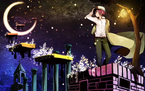 HD PC desktop wallpaper and background, Anime — Kino (Kino's Journey) stands on a brick ledge beneath a crescent moon, surrounded by glowing plants, stars and surreal floating platforms.
