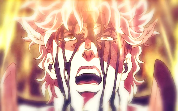 Caesar Zeppeli (JoJo's Bizarre Adventure) anime HD PC desktop wallpaper: close-up of him crying out, dark streaks across his face, hair and eyes blazing in fiery, dramatic backlight.