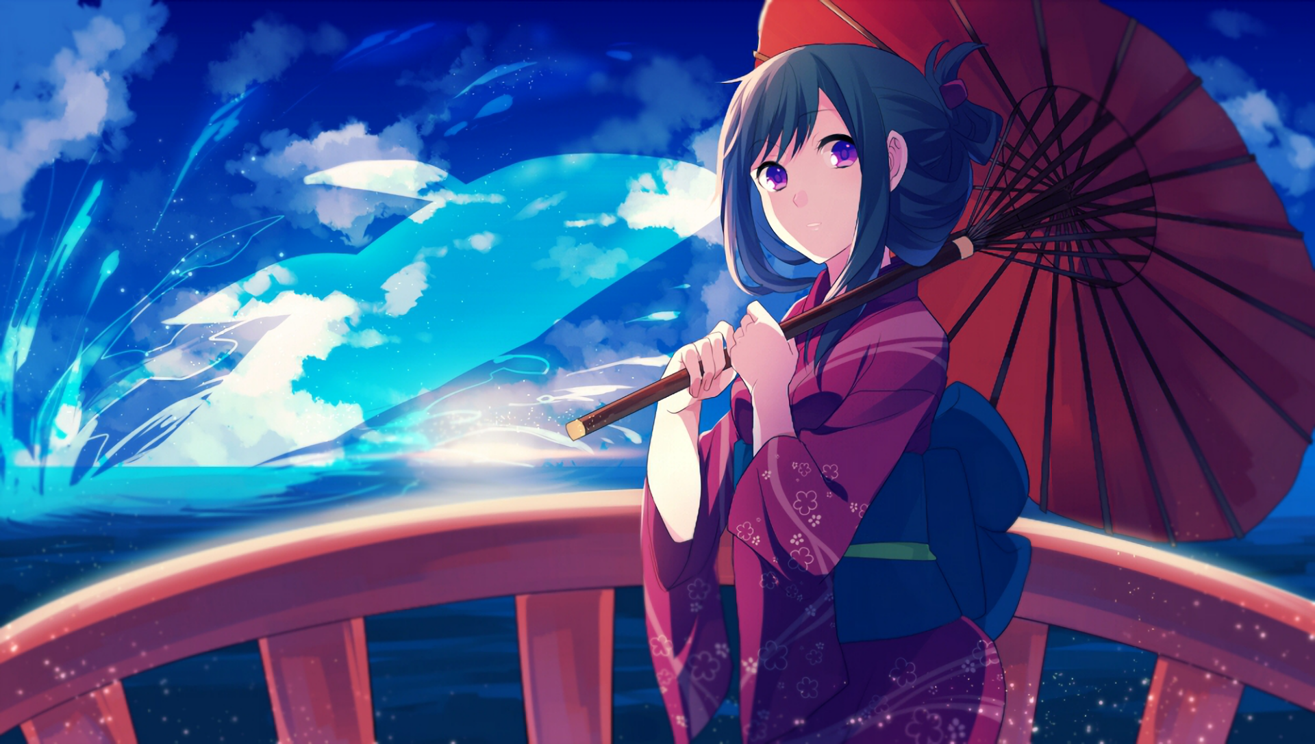 Anime-style geisha in traditional attire holding a red umbrella, set against a vibrant sky and ocean backdrop, designed as an HD PC desktop wallpaper.