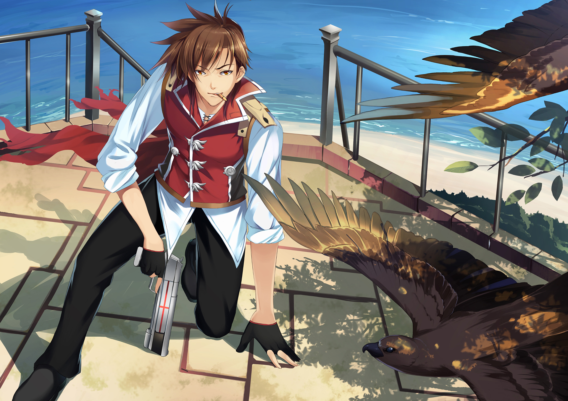 Anime original HD PC desktop wallpaper and background: brown-haired young man in a red vest crouches on a seaside terrace holding a pistol while large birds swoop beneath a bright blue sky.