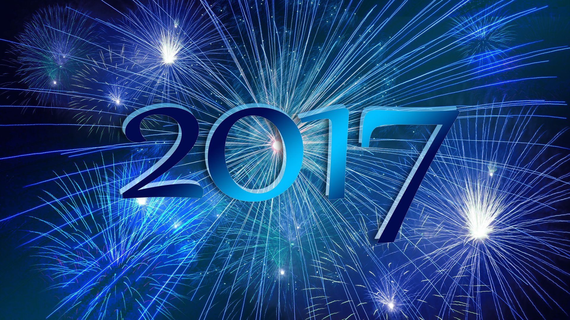 HD desktop wallpaper featuring vibrant blue fireworks and the text 2017 celebrating New Year. Tags: fireworks, blue, New Year, holiday, New Year 2017.