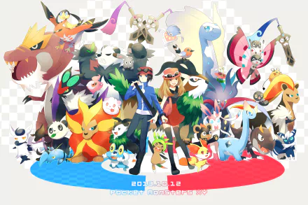 HD desktop wallpaper of Pokemon: X and Y showing various characters and Pokemon in vibrant colors. Text at the bottom reads 2013.10.12 Pocket Monsters XY.