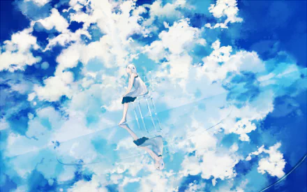 HD anime-style original desktop wallpaper featuring a serene sky with fluffy clouds and a character standing on a reflective surface blending seamlessly with the sky.