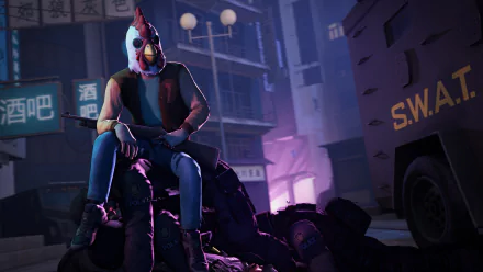 HD PC desktop wallpaper featuring Jacket from Payday 2 in a dark urban scene inspired by Hotline Miami and Hotline Miami 2: Wrong Number, with a S.W.A.T. vehicle nearby.