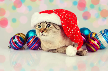 A cat wearing a Santa hat surrounded by colorful Christmas ornaments against a festive, bokeh background. HD desktop wallpaper and background featuring holiday, colors, and Christmas themes.