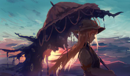 Anime character Yukari Yakumo, a blonde girl with an intricate umbrella, set against a sunset sky. This HD desktop wallpaper is from the Touhou series.