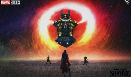 HD wallpaper featuring characters Kaecilius, Dormammu, and Thanos from Doctor Strange and Marvel Comics, facing a dramatic, fiery cosmic background with Doctor Strange text and Marvel Studios logo.