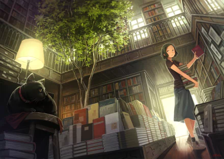 A young girl in an anime-inspired library setting, holding a book while a cat rests nearby. Sunlight filters through the shelves, creating a warm, tranquil atmosphere. HD desktop wallpaper background.