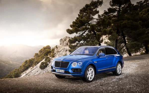 HD desktop wallpaper of a blue Bentley Bentayga SUV parked on a mountain road surrounded by trees and rocky terrain under a cloudy sky.