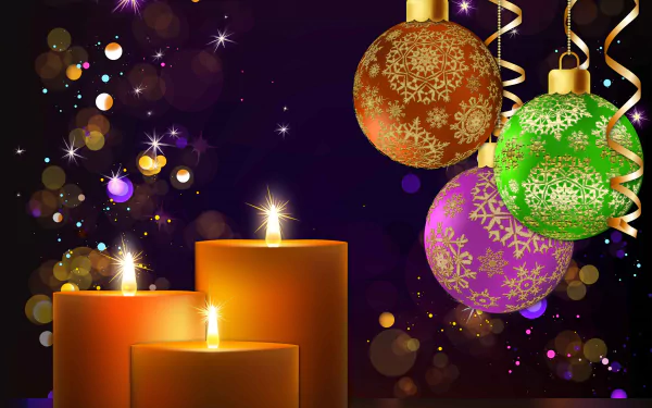 Colorful Christmas ornaments with snowflake designs hang above glowing candles, surrounded by sparkling lights, creating a vibrant holiday atmosphere for a festive desktop wallpaper.