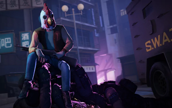 HD PC desktop wallpaper featuring Jacket from Payday 2 in a dark urban scene inspired by Hotline Miami and Hotline Miami 2: Wrong Number, with a S.W.A.T. vehicle nearby.