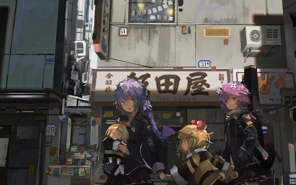 HD wallpaper featuring characters from the video game Hyperdimension Neptunia in an urban setting, showcasing detailed artwork and vibrant colors.
