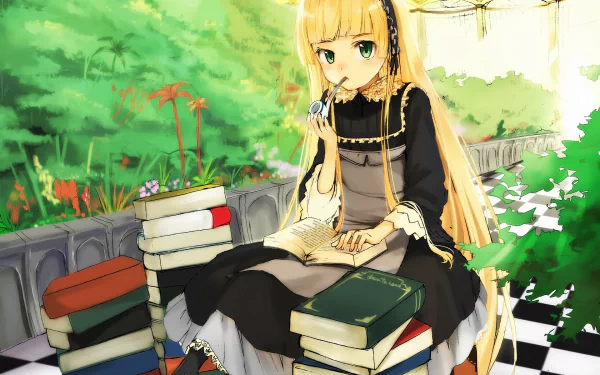 Victorique de Blois from the anime Gosick sits surrounded by books in a lush garden, featured in this HD PC desktop wallpaper and background.