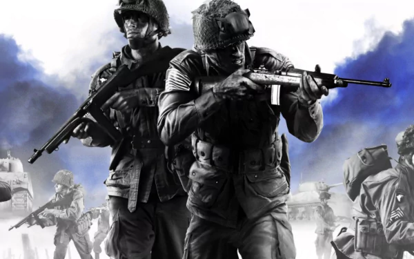 HD desktop wallpaper featuring soldiers from the game Company of Heroes 2, poised for battle against a grayscale battlefield backdrop.